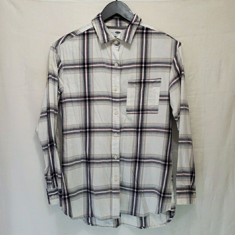 Old Navy Boyfriend Shirt Women's  XS White Plaid Cotton Flannel